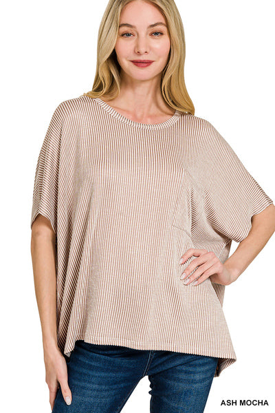 Zenana corded ribbed oversized short sleeve pocket top