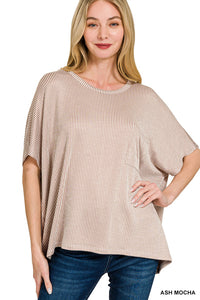 Zenana corded ribbed oversized short sleeve pocket top