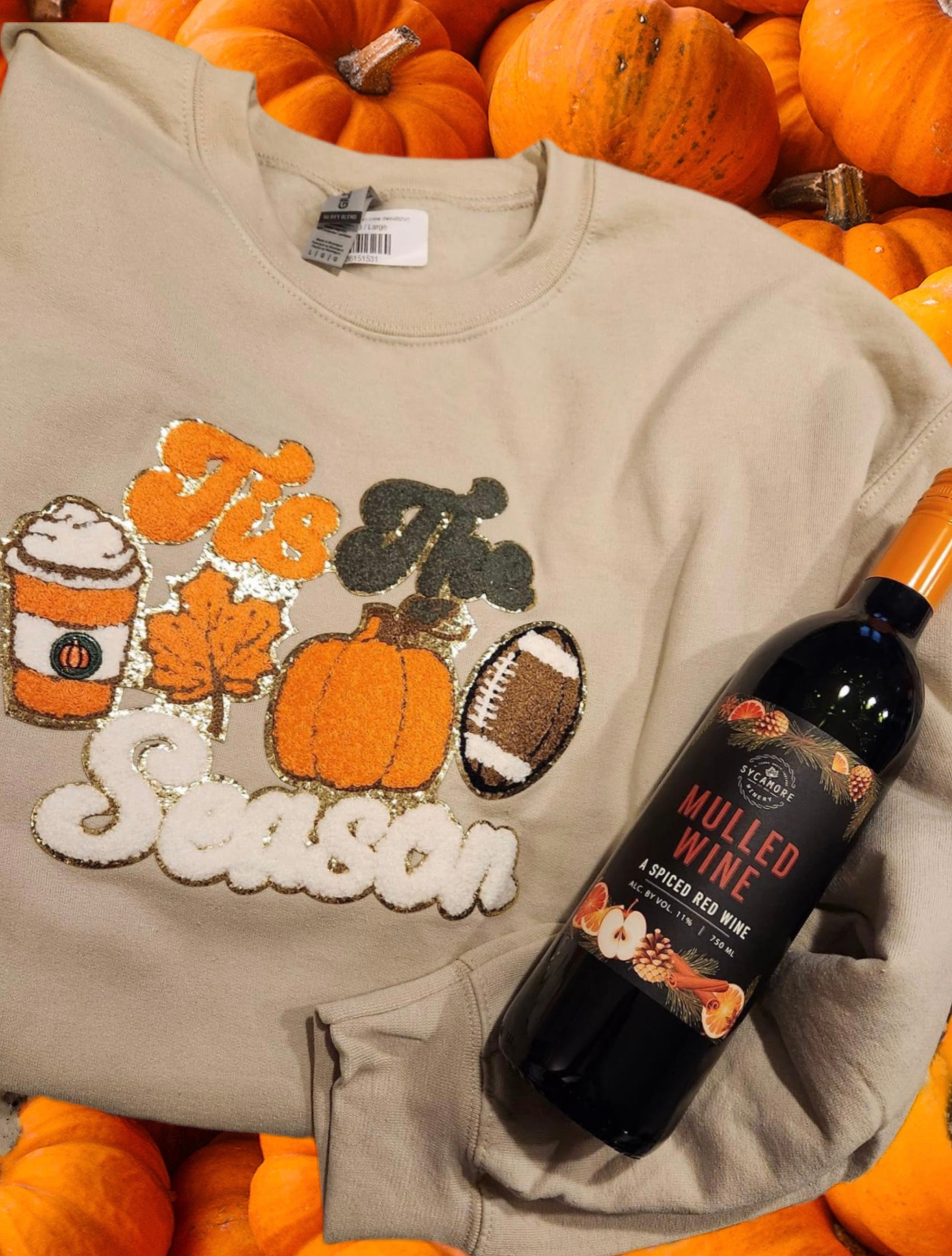 Tis the Season chenille patch fall crew sweatshirt