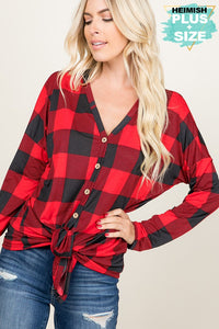 Plus Size buffalo plaid tie front holiday top
