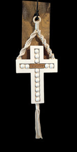 Wood bead tassel boho decor hanging cross Blessed / Grateful / Faith
