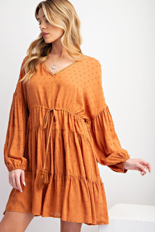 Easel fall caramel mustard swiss dot dress