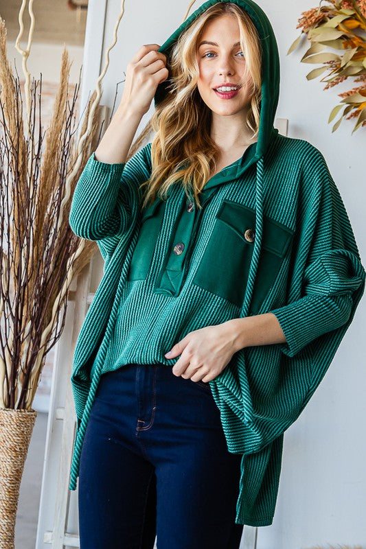 Long ribbed button down hoodie, green or beige