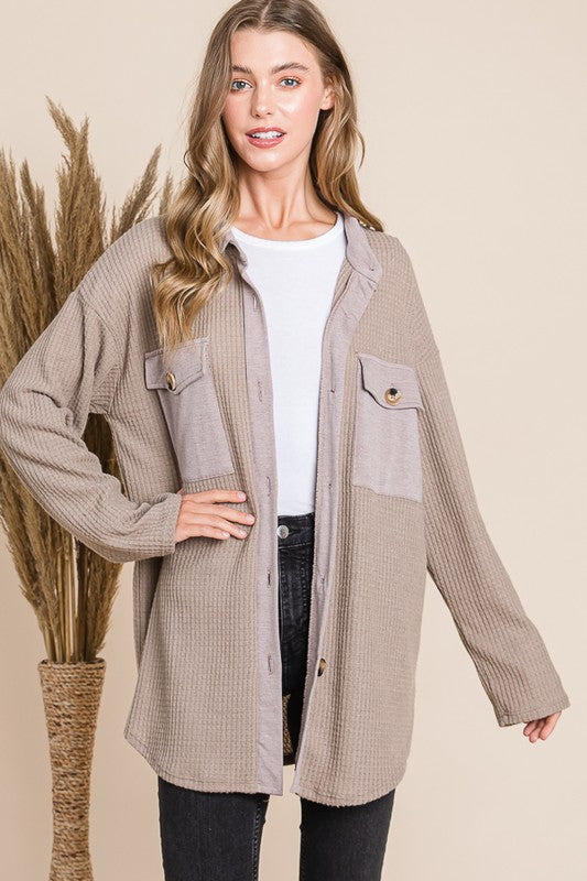 Taupe waffle knit button down shirt