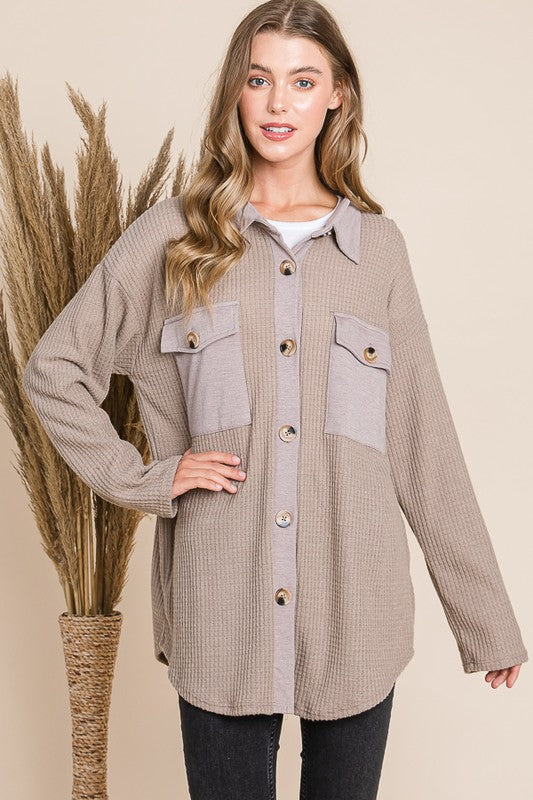 Taupe waffle knit button down shirt