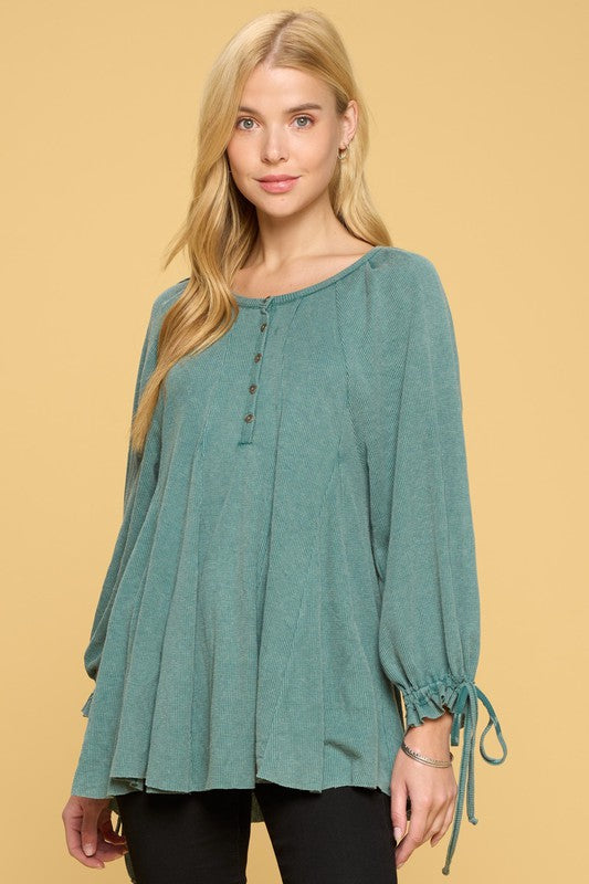 Oversized henley top with cinched sleeve cuffs, brown or green