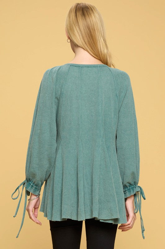 Oversized henley top with cinched sleeve cuffs, brown or green