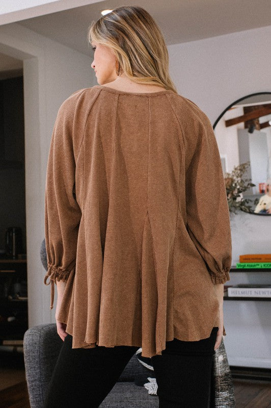 Oversized henley top with cinched sleeve cuffs, brown or green