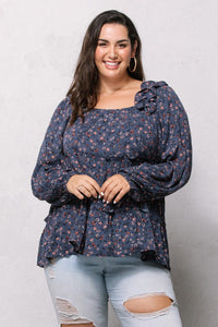 Regular and Plus size navy floral ruffle detail top