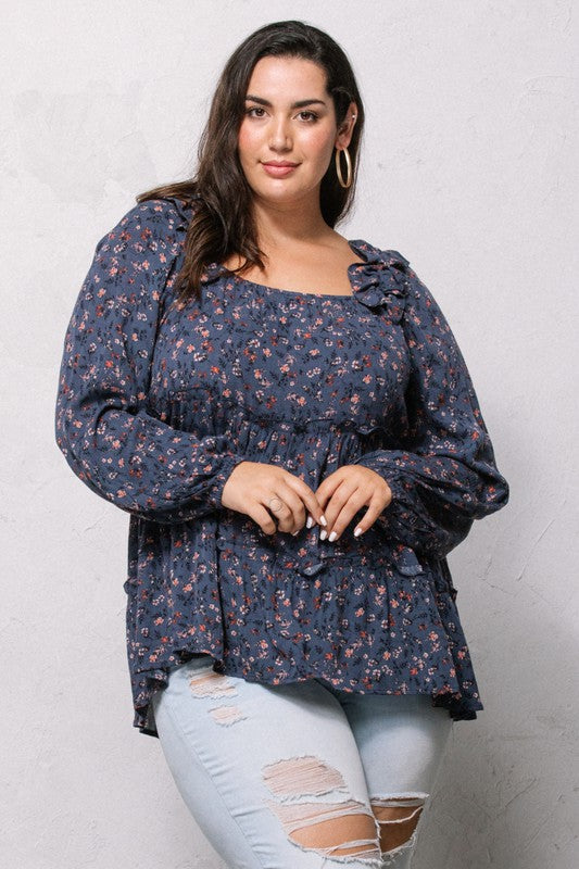 Regular and Plus size navy floral ruffle detail top