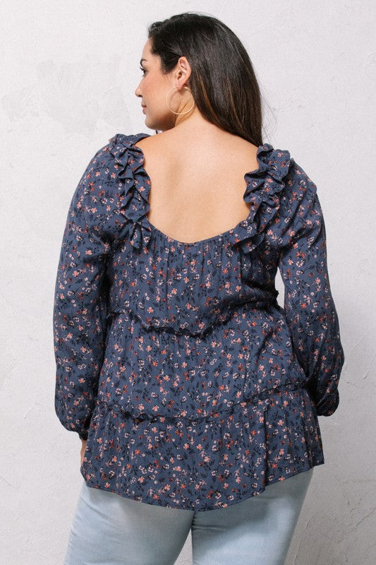 Regular and Plus size navy floral ruffle detail top