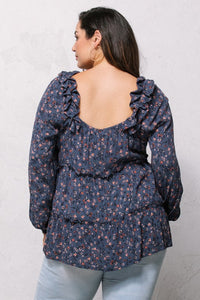 Regular and Plus size navy floral ruffle detail top