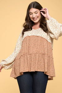 Plus size color block floral ruffle blouse