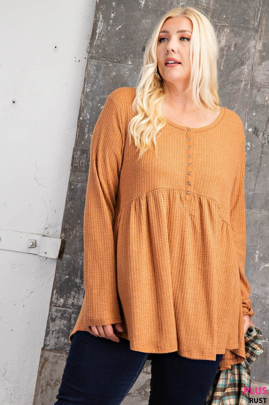 Regular and Plus size rust waffle knit thermal top