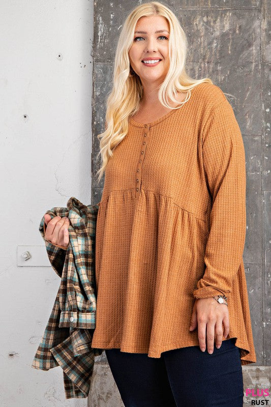 Regular and Plus size rust waffle knit thermal top