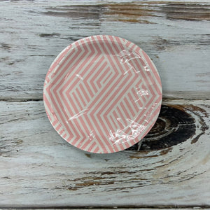 Small circular paper plate, pink geometric