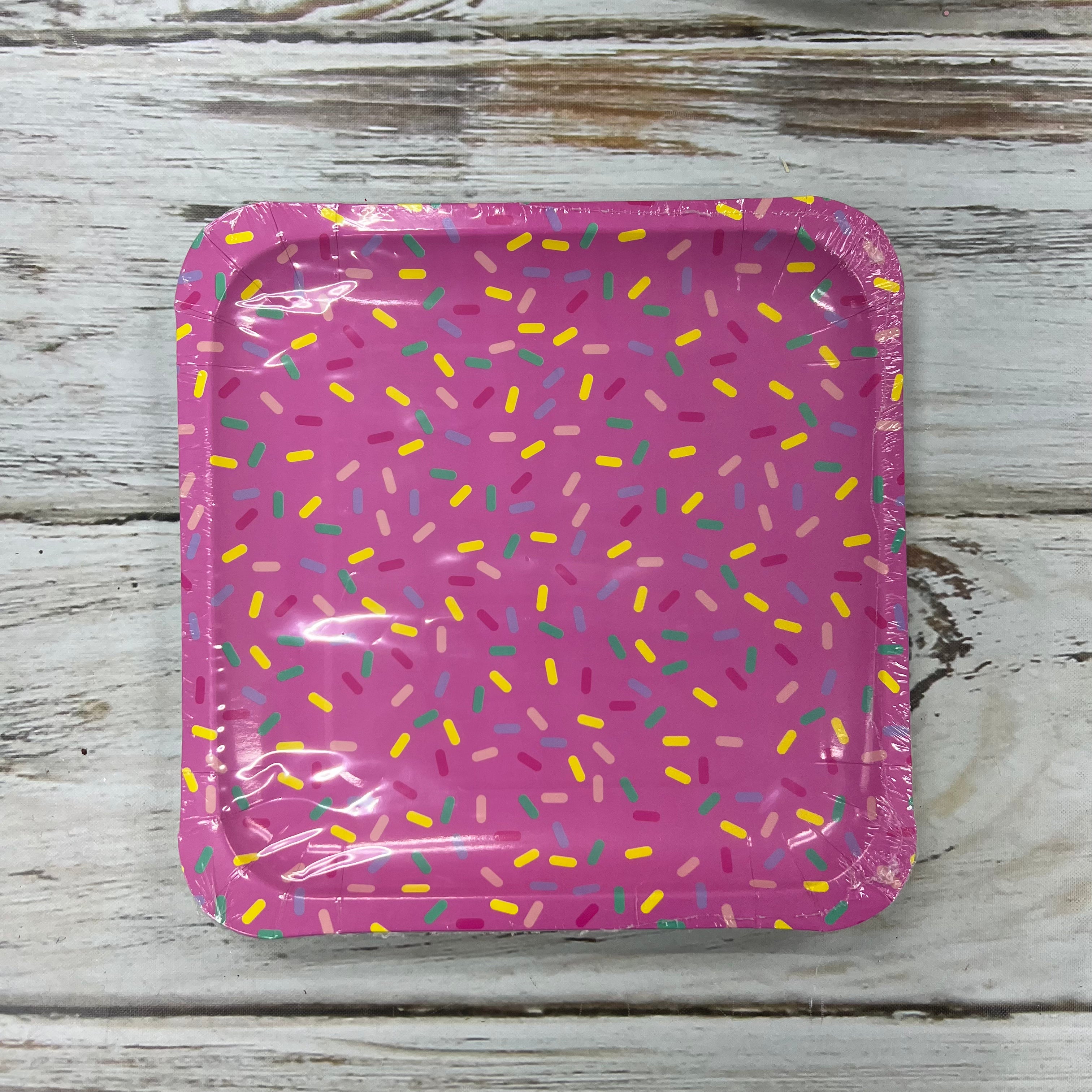 Large square pink sprinkle paper plates