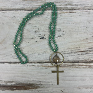 Handmade green necklace with cross and gem pendant