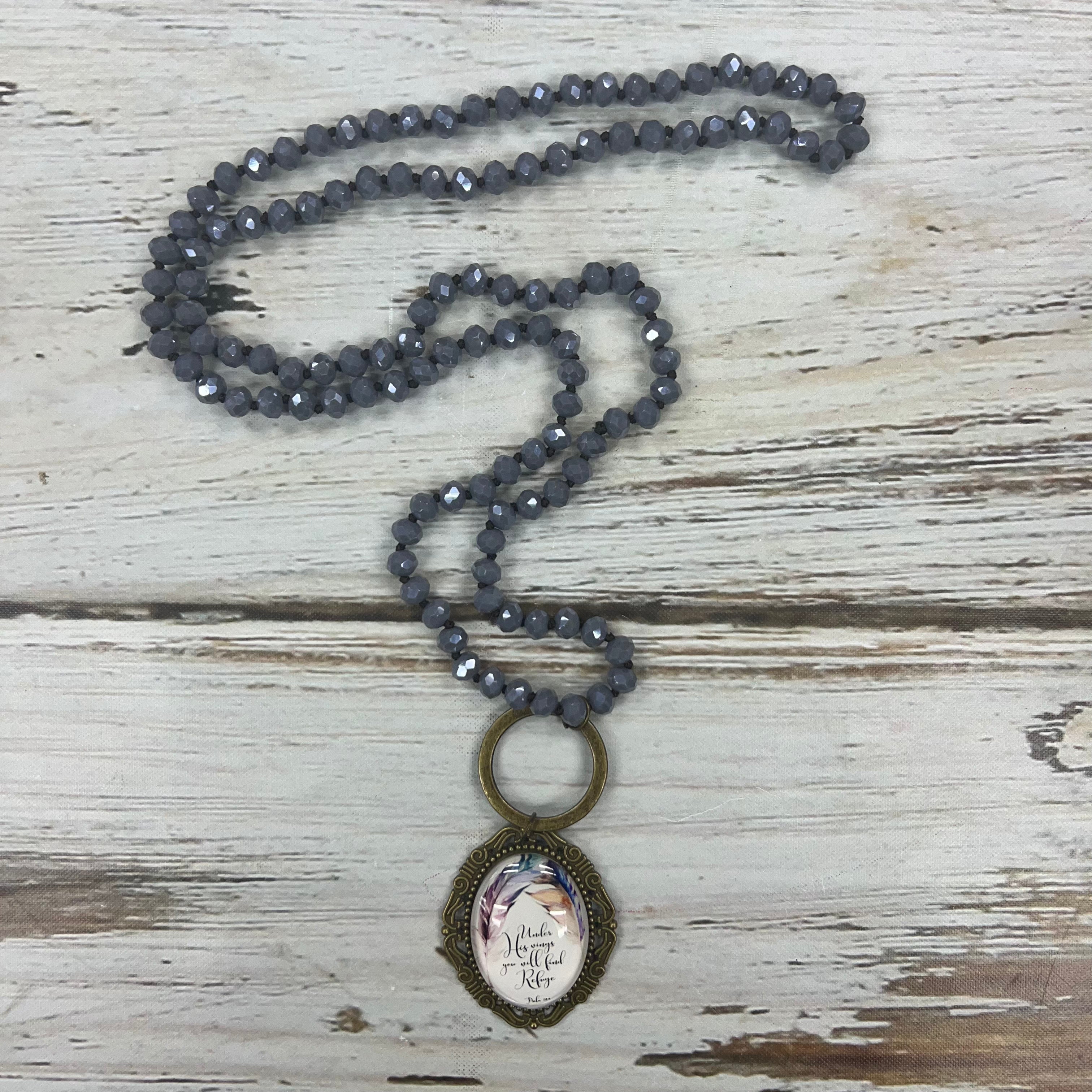 Handmade long purple scripture pendant necklace