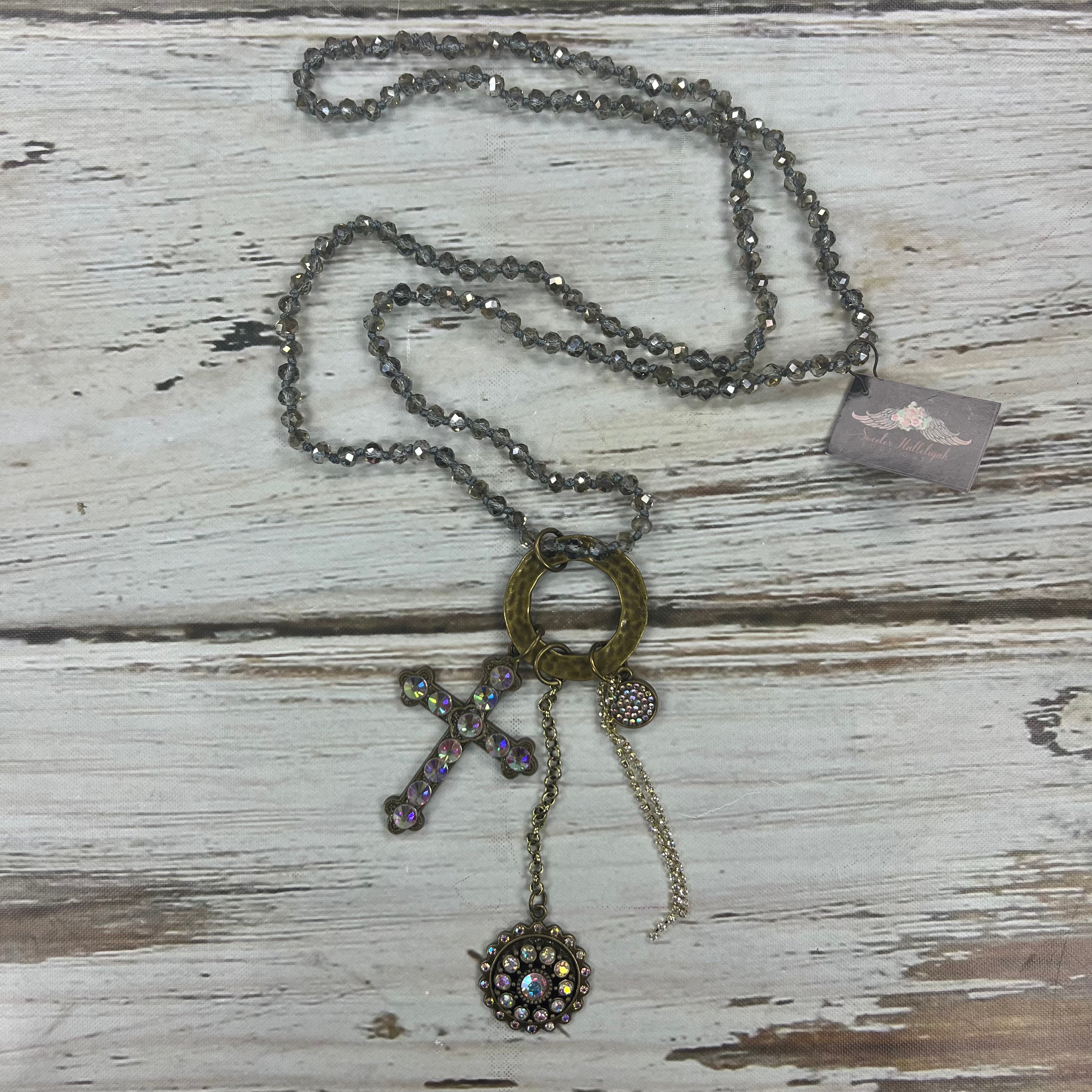 Handmade iridescent cross pendant necklace, clear or tan