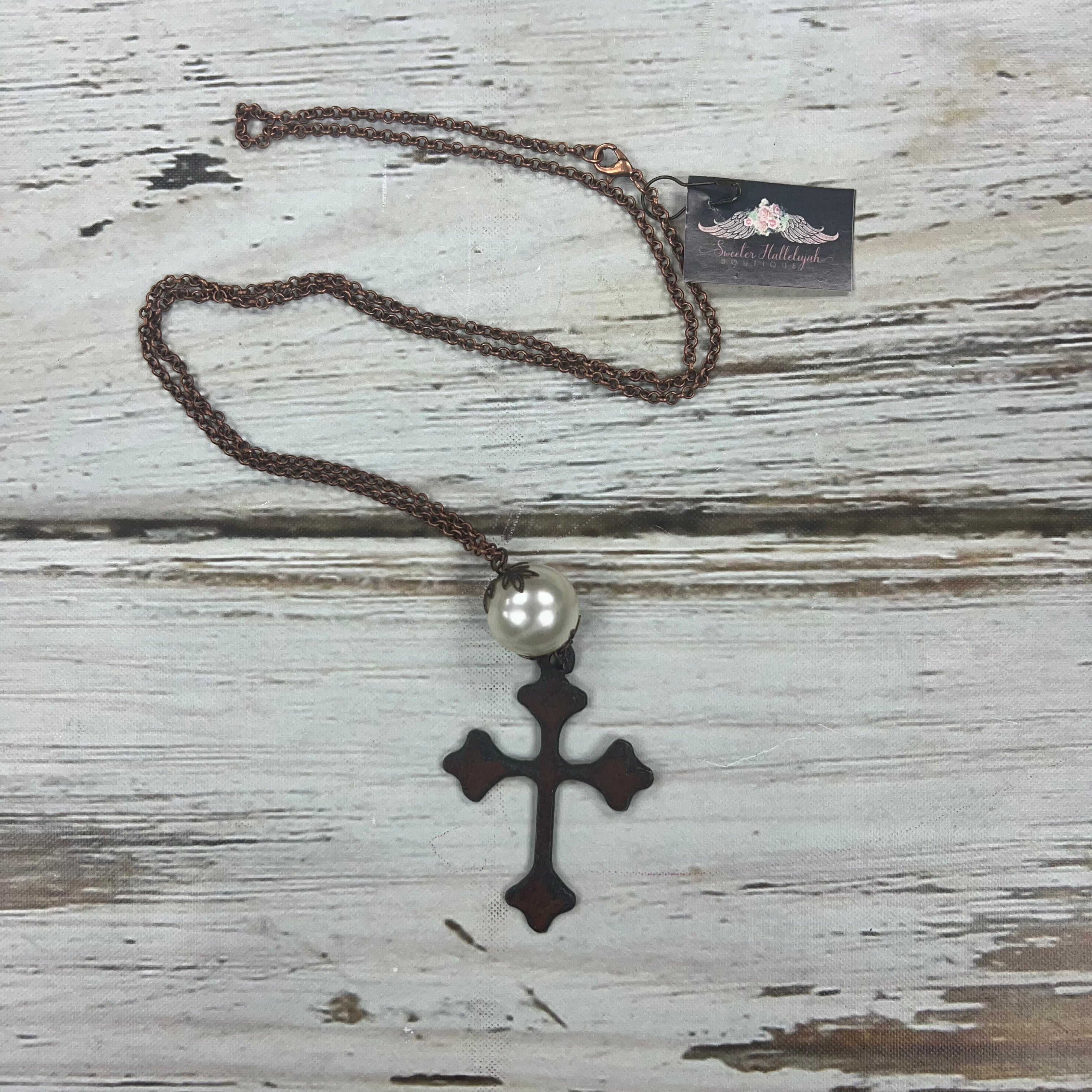 Handmade copper chain cross necklace with pearl