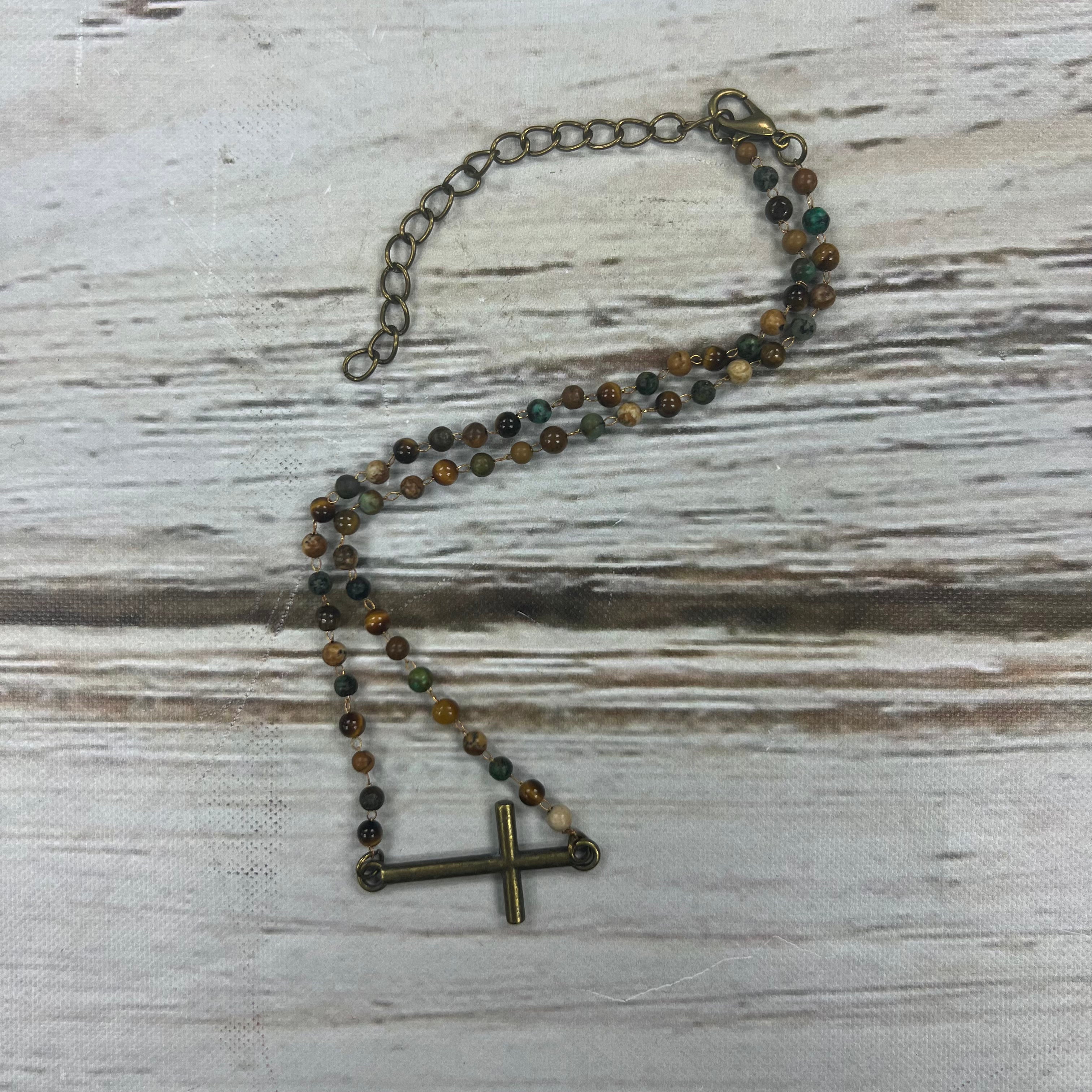 Handmade natural stone and gold cross necklace