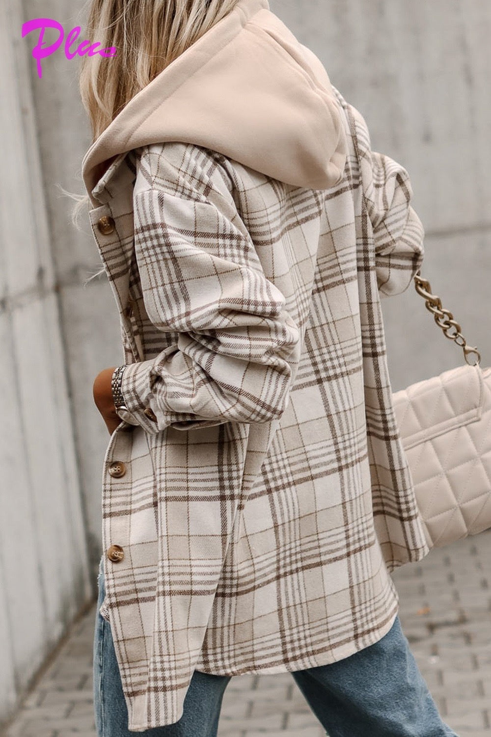 Plus size ivory plaid hoodie shacket