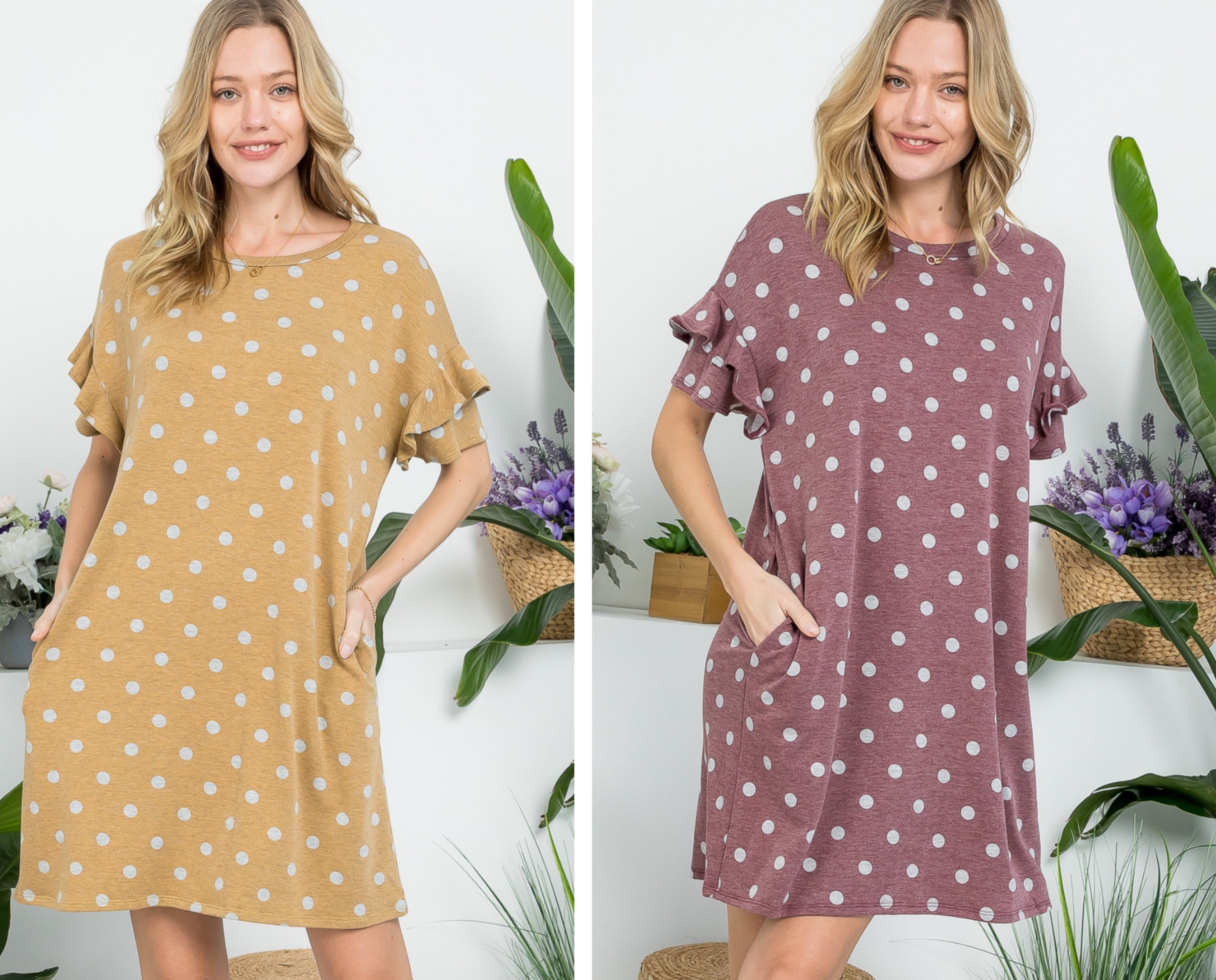 Mustard or Burgundy polka dot dress with ruffle sleeve