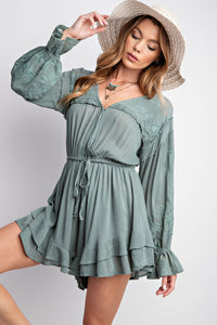 Easel long sleeve lace shoulder romper green or beige