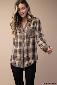 Kori plaid button up, black or taupe flannel