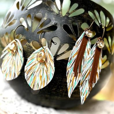 Handmade leather fall teal & gold teardrop earrings