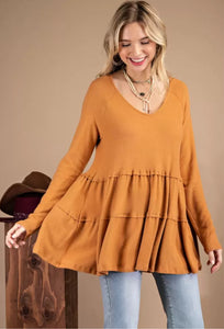 Plus size dark mustard ruffle tiered top