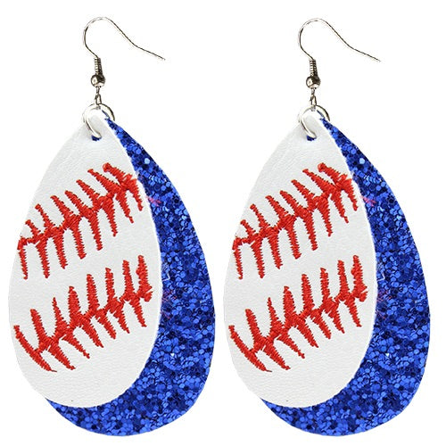 Baseball blue glitter embroidered sports stitch tear drop earrings