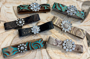 Handmade skinny leather cuff bracelet with bling rhinestone