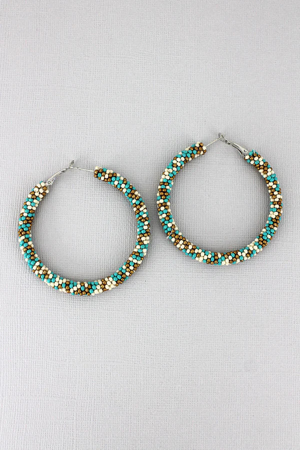 Large turquoise, gold & cream hoop earrings