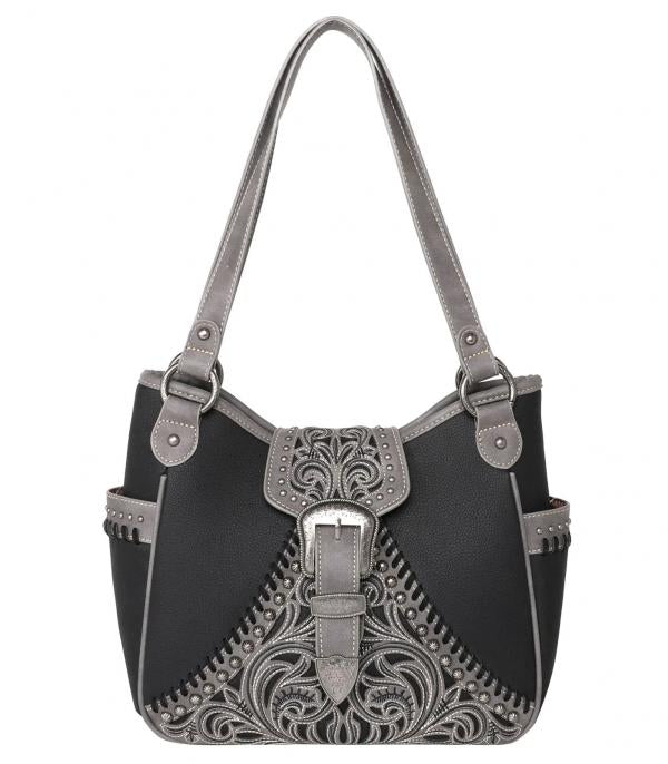 Montana West Black Embroidered Studded Concealed Carry Handbag