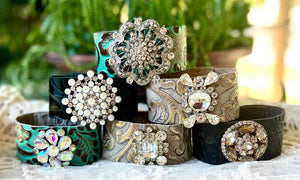 Handmade Leather & Rhinestone Jeweled Bracelet