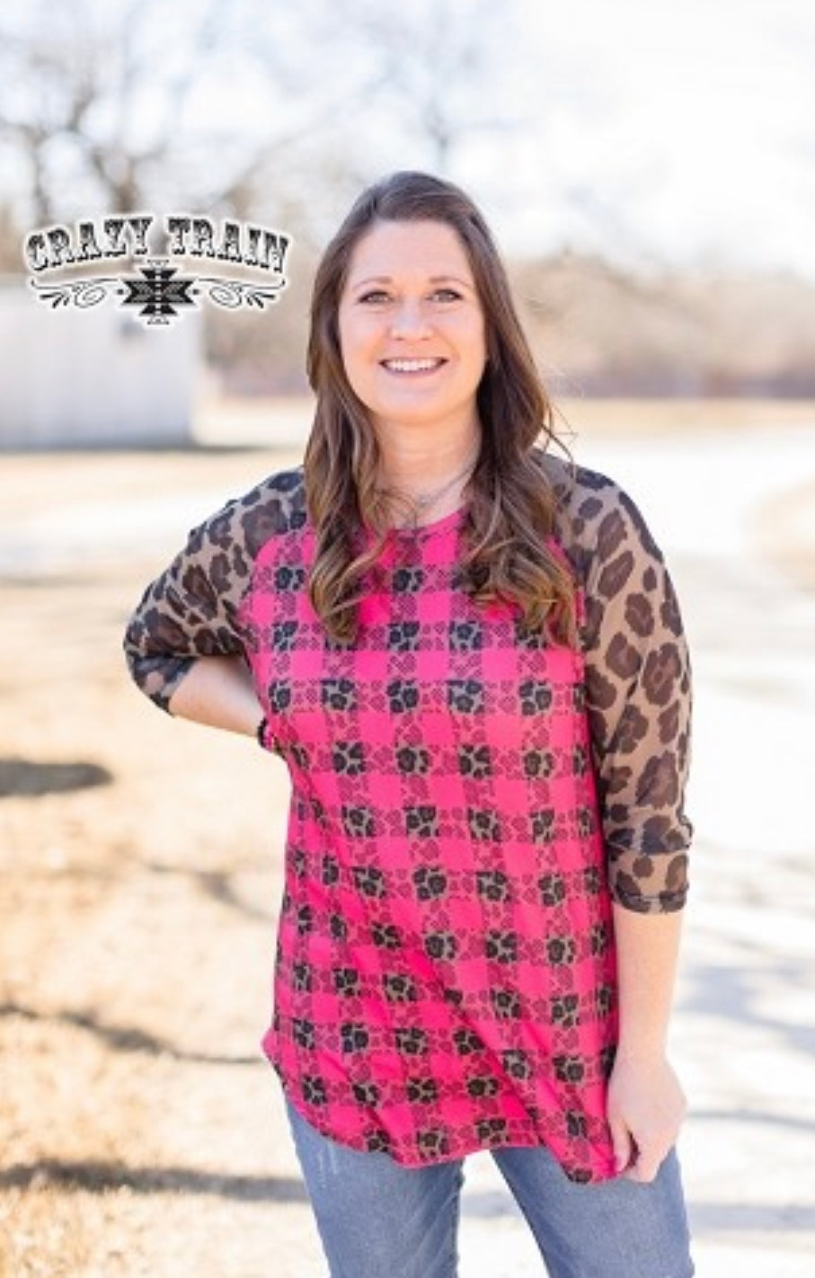 Crazy Train Leopard Buffalo Plaid Raglan Top