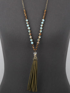 Teal & Brown, Copper & Cream or Black & Silver beaded necklace with olive green tassel