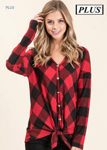 Buffalo plaid hoodie tie front top