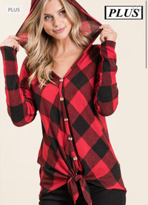 Buffalo plaid hoodie tie front top